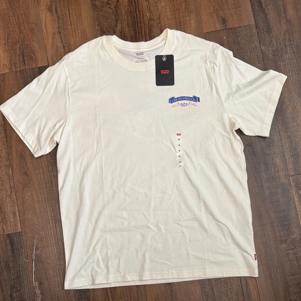 Levi's Cream Short-Sleeve Graphic Logo Tee with Blue Accent